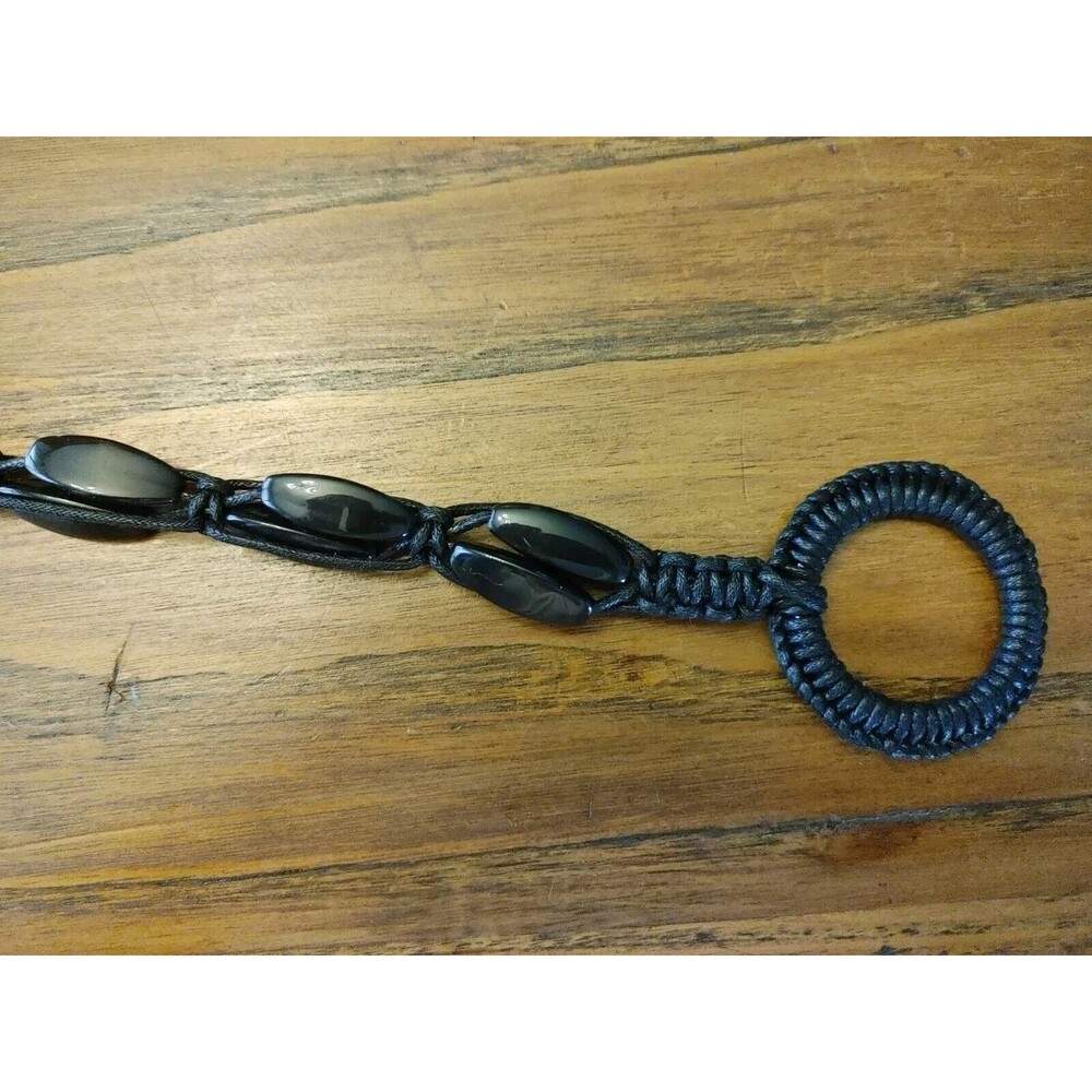 Retro 70s Boho Macrame Black Belt Tassels Large Black Beads VGC